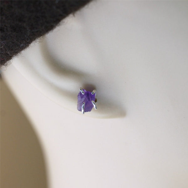 Amethyst Earrings - Raw Uncut Rough Amethyst Gemstone Earrings - Purple Rustic Gemstone