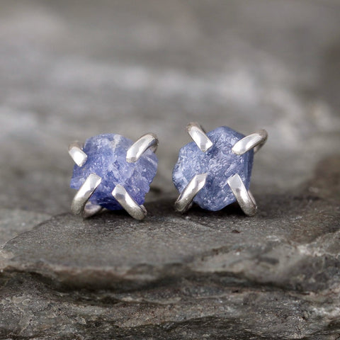 Sapphire Earrings - Raw Uncut Rough Sapphire Gemstone Earrings - Blue Rustic Gemstone